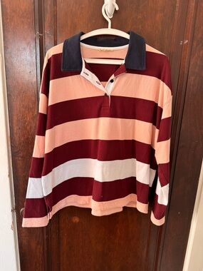 Madewell Striped Rugby Pullover in Burgundy, Blush, White with Navy Collar